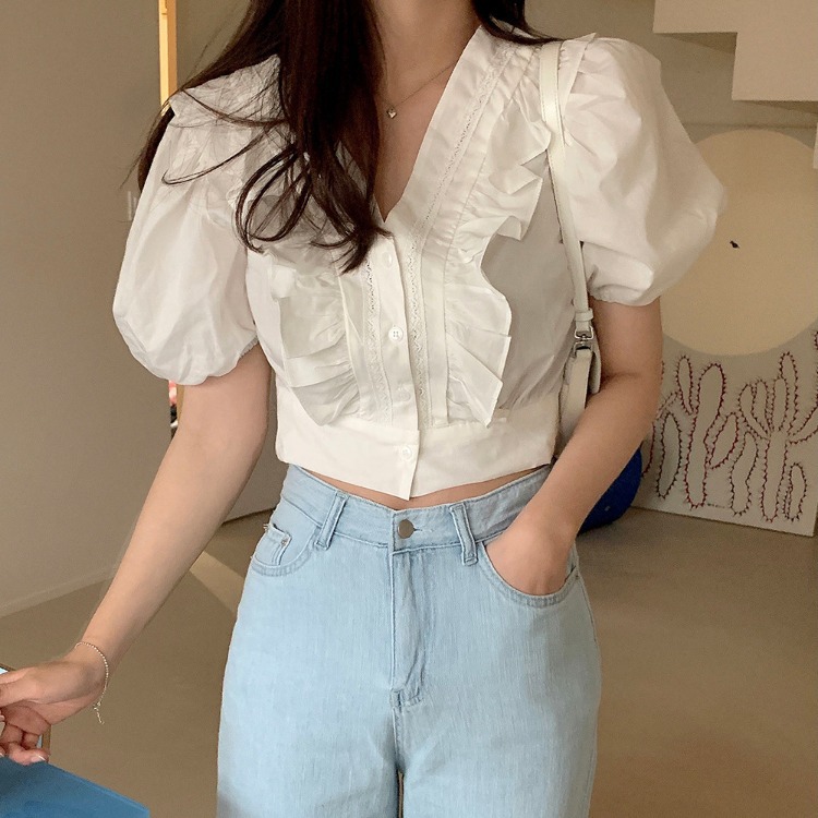 Sweet Temperament Wood Ears V-neck Puff Sleeve Short Shirt