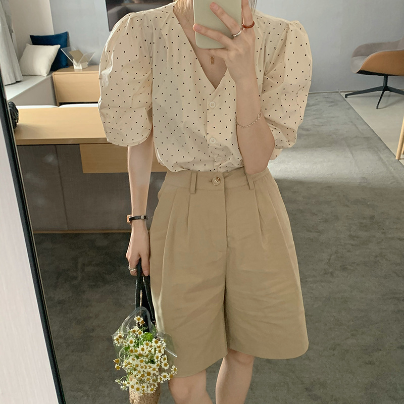 Single-breasted V-neck Puff Sleeve Polka-dot Shirt Shirt Women
