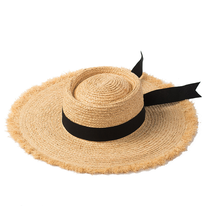 Raffia Hat With Ring Flat Top Bow And Ribbon