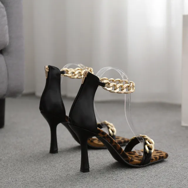 European And American Foreign Trade New Metal Chain One Word High Heel Sandals Black - Shop at LoveMi