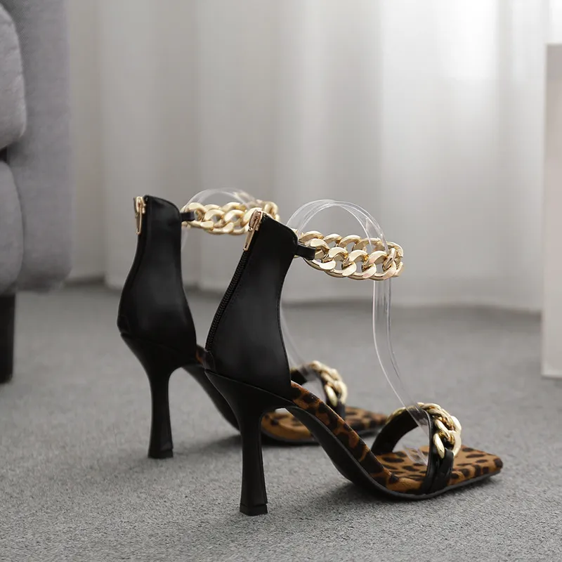 European And American Foreign Trade New Metal Chain One Word High Heel Sandals - Black