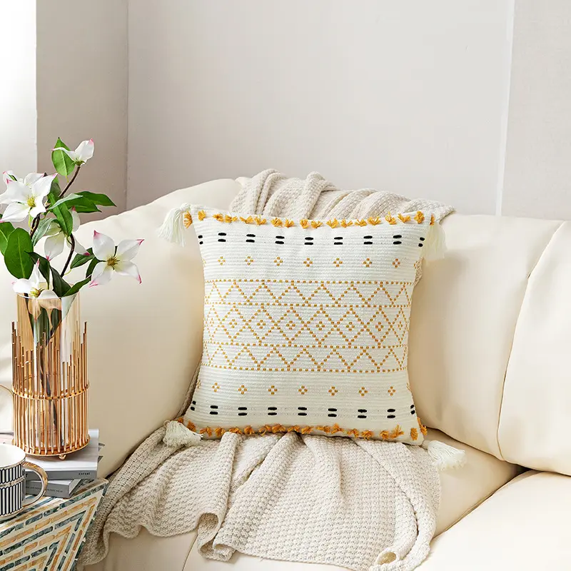 Hand-embroidered Tufted Throw Pillow Fringed Waist Case