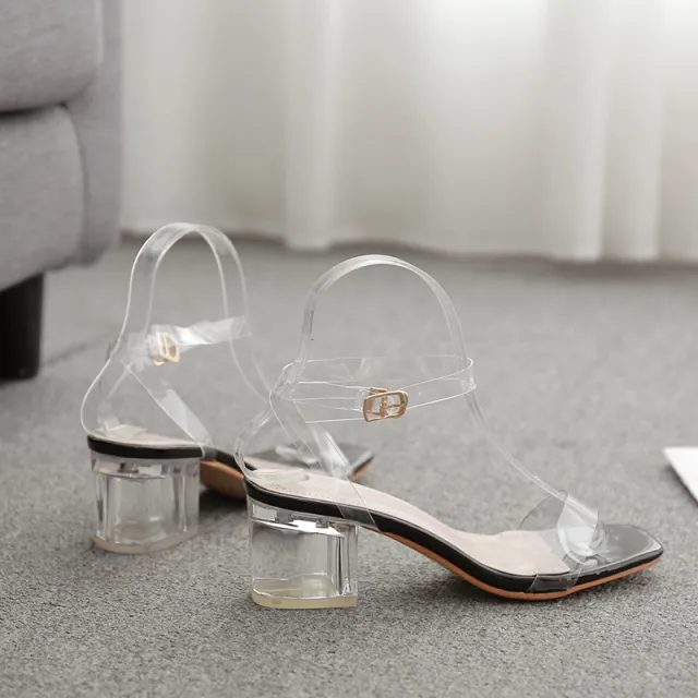 New Sexy All match Thick Heel Sandals With Crystal Heels Black - Shop at LoveMi