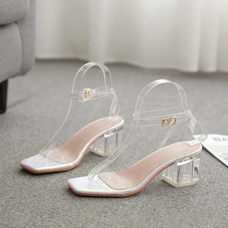 New Sexy All-match Thick Heel Sandals With Crystal Heels - White