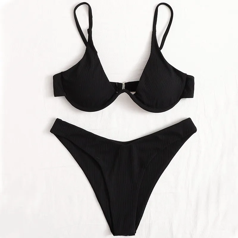 Independent Station Cross-border European And American Solid Colour Sexy Split Bikini Swimsuit Women - Black