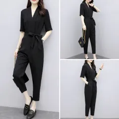 High-waisted Chiffon Overalls - Black - View 1
