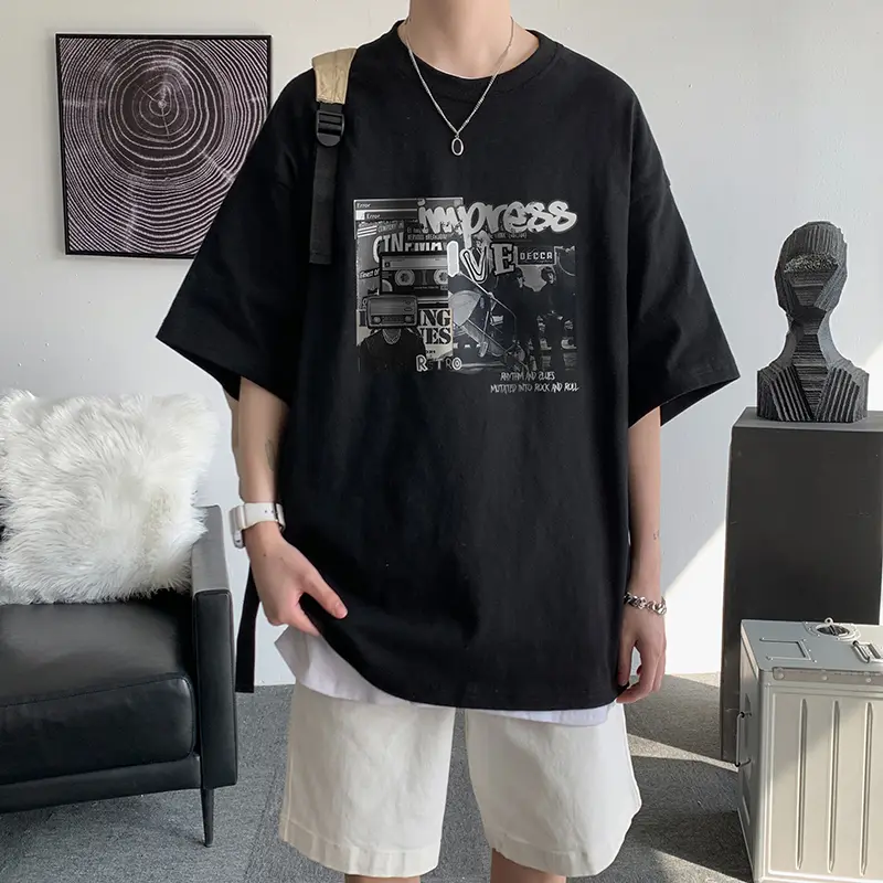 Trendy Brand Large Size Japanese Round Neck Printed Loose Clothes Half Sleeves