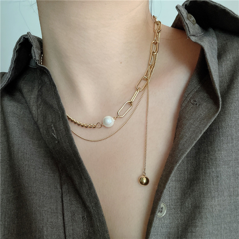 Titanium With 18K Gold Layered Chain Real Pearl Necklace