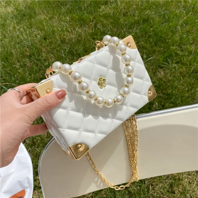 New Ladies Diamond Chain Bag Pearl Portable Diagonal Small Square Bag White - Shop at LoveMi