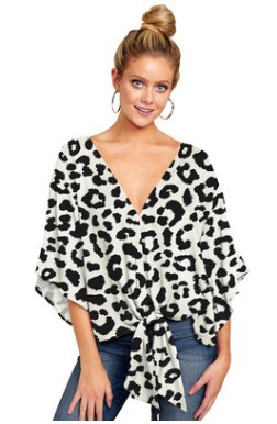 European And American Women's Shirt Spring And Summer V-neck Short-sleeved Knotted Printed Top