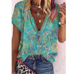 Fashion Women's Zipper Printed Shirt - Green - View 1