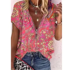 Fashion Women's Zipper Printed Shirt - Pink - View 1