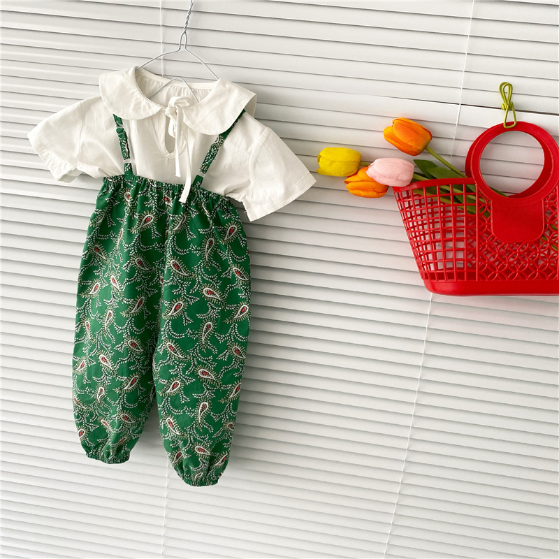 College Style Lace-up Short-sleeved Shirt Floral Suspenders Two-piece Suit