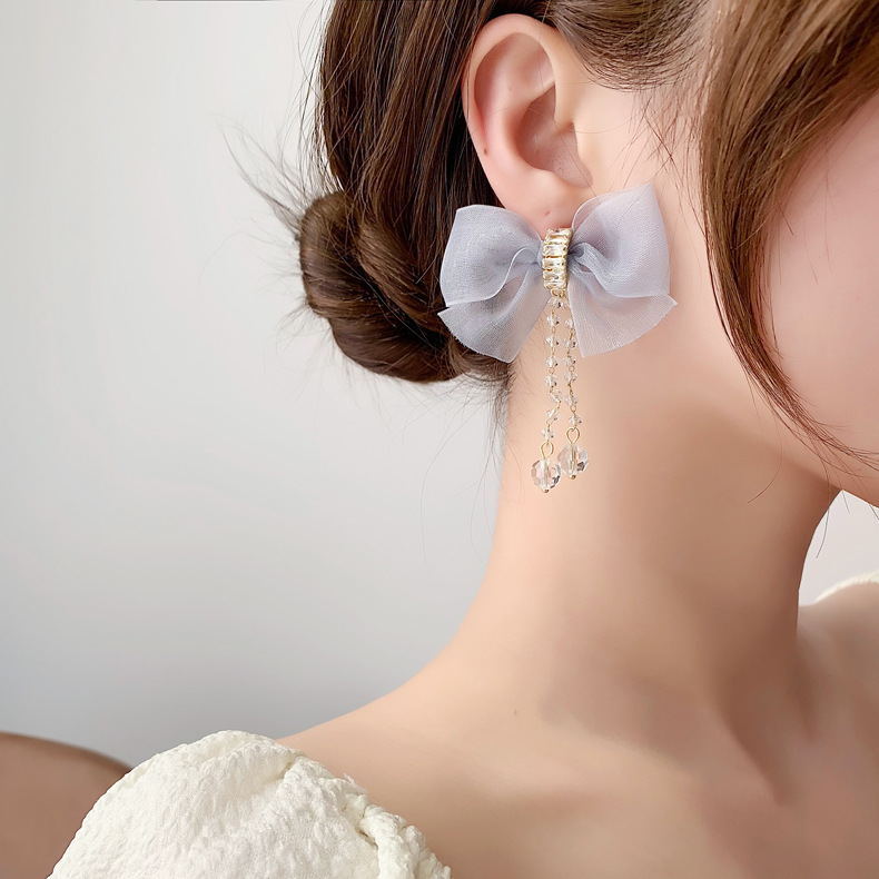 Chiffon Bowknot Crystal Tassel Earrings Temperament Long Earrings