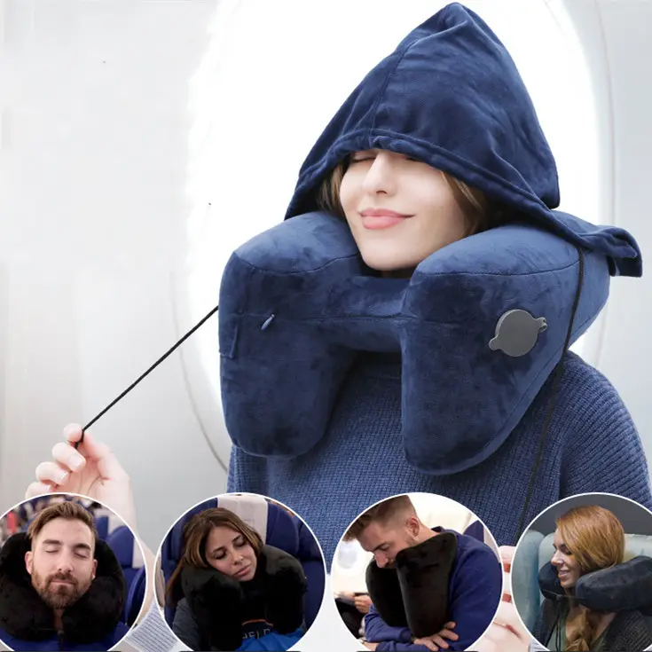Hooded Travel Pillow H Shaped Inflatable Neck Folding Lightweight
