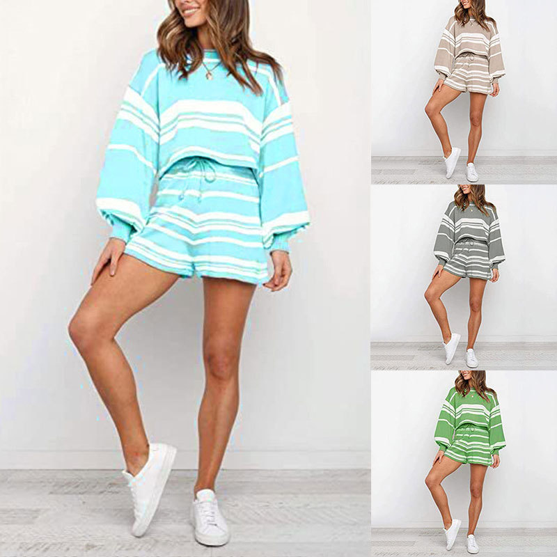 Casual Striped Long-sleeved Shorts Two-piece Women's Sweater