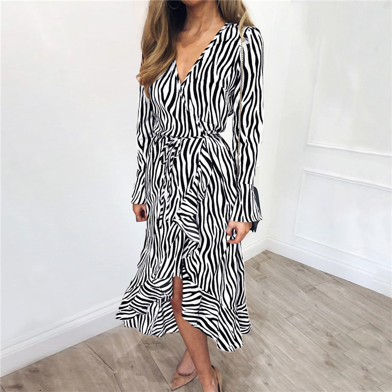 V-neck Tiger Print Long-sleeved Chiffon Women's Dress