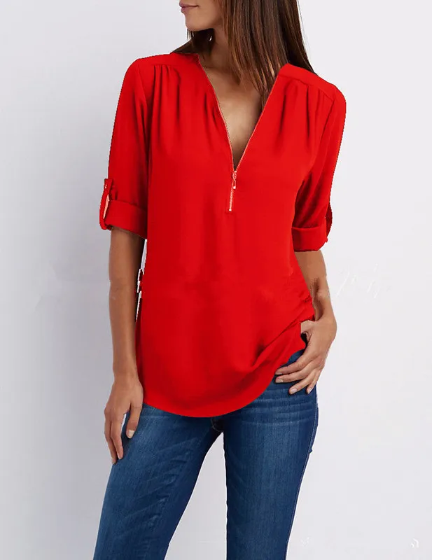 V neck Zipper Plus Size Women's Long sleeved Pull over Sleeve Loose Chiffon Shirt Red - Shop at LoveMi