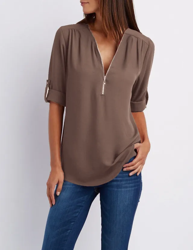 V neck Zipper Plus Size Women's Long sleeved Pull over Sleeve Loose Chiffon Shirt Coffee - Shop at LoveMi
