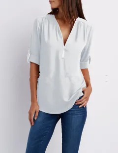 V-neck Zipper Plus Size Women's Long-sleeved Pull-over Sleeve Loose Chiffon Shirt - White - View 1