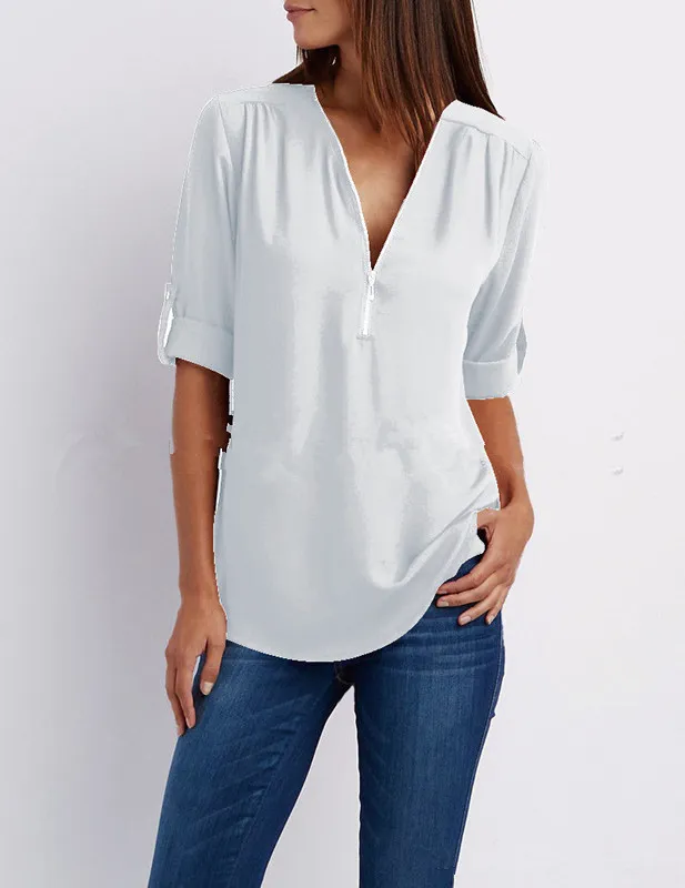 V neck Zipper Plus Size Women's Long sleeved Pull over Sleeve Loose Chiffon Shirt White - Shop at LoveMi