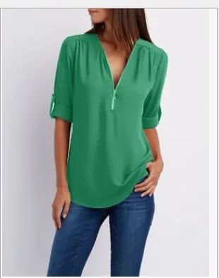 V neck Zipper Plus Size Women's Long sleeved Pull over Sleeve Loose Chiffon Shirt Green - Shop at LoveMi
