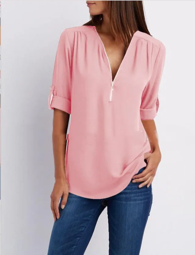 V neck Zipper Plus Size Women's Long sleeved Pull over Sleeve Loose Chiffon Shirt Pink - Shop at LoveMi