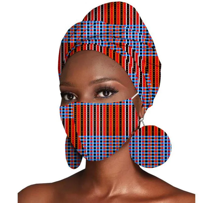 Featured Three-Piece Set Of Cotton Batik Print Headscarf Earrings