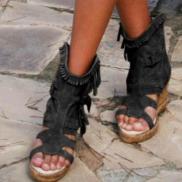 New Style Sandals Women's Shoes Wedge Heel Tassel High Heels Black - Shop at LoveMi