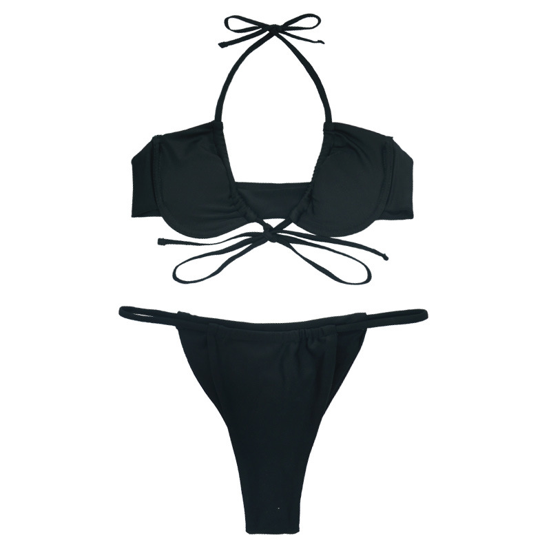 Pure Color Tether Sexy Back Split Ladies Swimsuit Bikini - Image 3