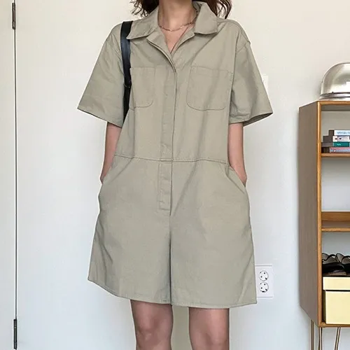 Loose Straight leg Casual Shorts With Lapel Multi pocket Design Khaki - Shop at LoveMi