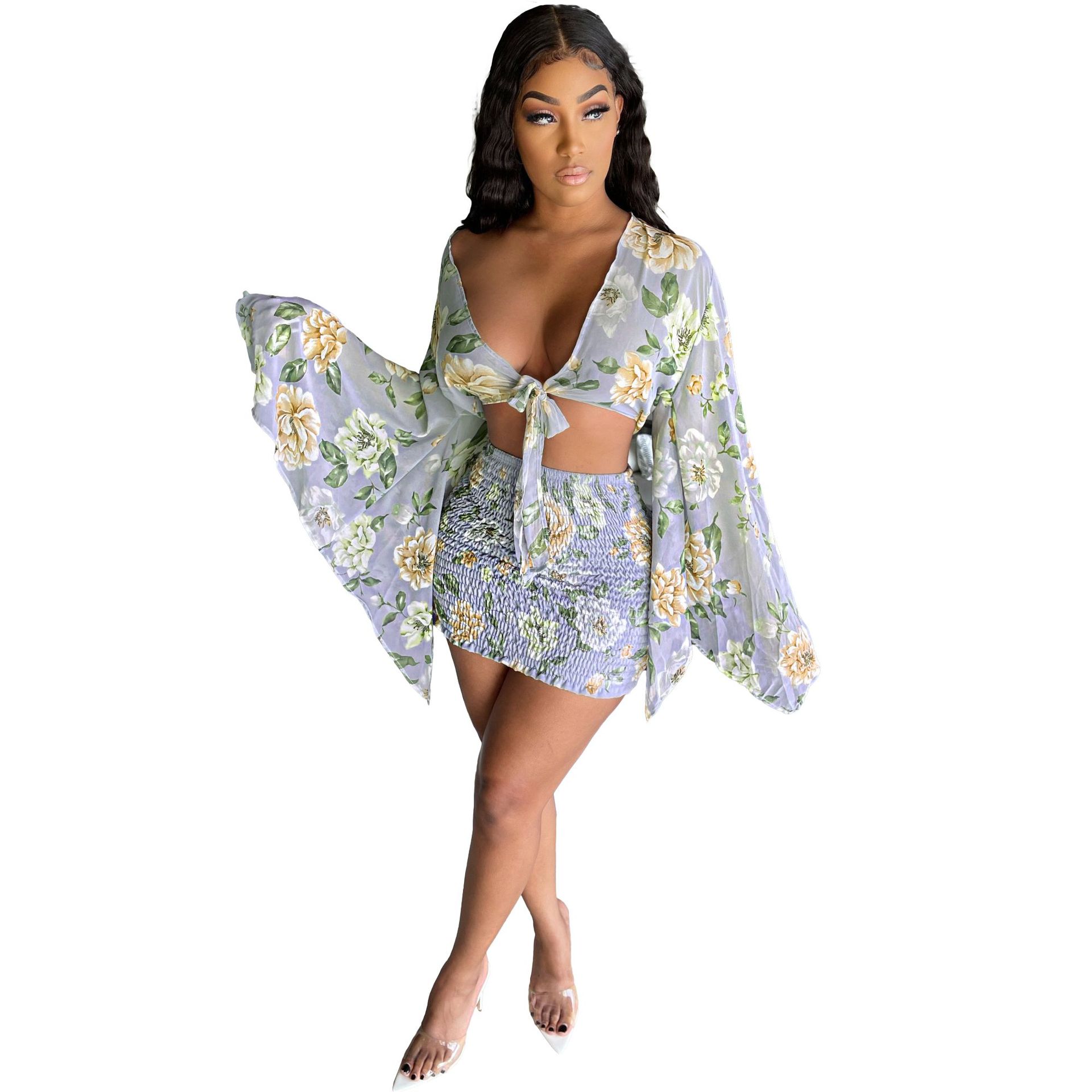 European And American Chiffon Print Flared Sleeve Top Skirt Suit Purple - Shop at LoveMi