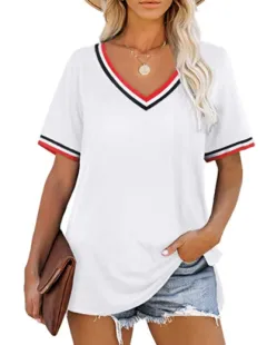 Striped Stitching Color Matching Short Sleeved V Neck T Shirt Women - White - View 1
