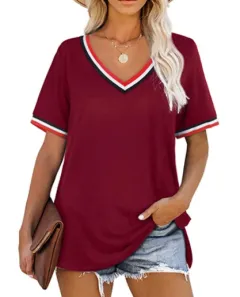 Striped Stitching Color Matching Short Sleeved V Neck T Shirt Women - Wine Red - View 1