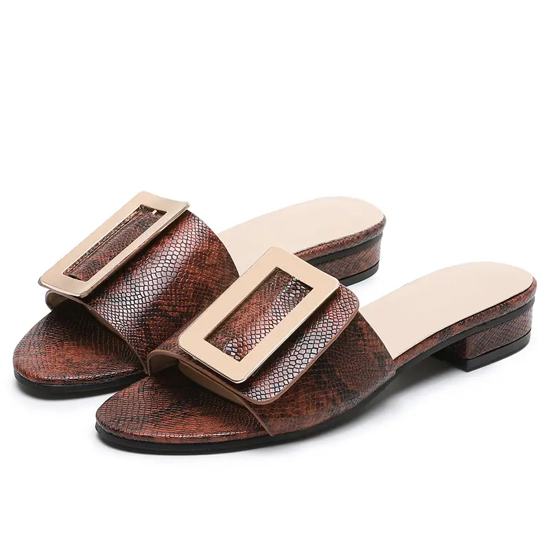 Foreign Trade Slippers Female Bohemian Casual Low-heeled Metal Square Buckle Sandals And Slippers