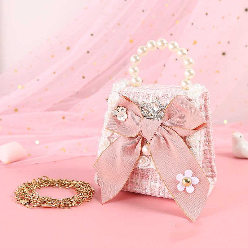 Fashionable Diamond Water Drop Big Bow Knot Portable Pearl Diagonal Children's Bag