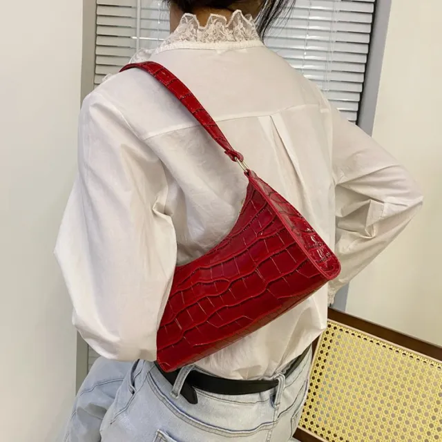 Stone Pattern One shoulder Handbag Bag Patent Leather Small Square Bag One shoulder Armpit Bag Red - Shop at LoveMi