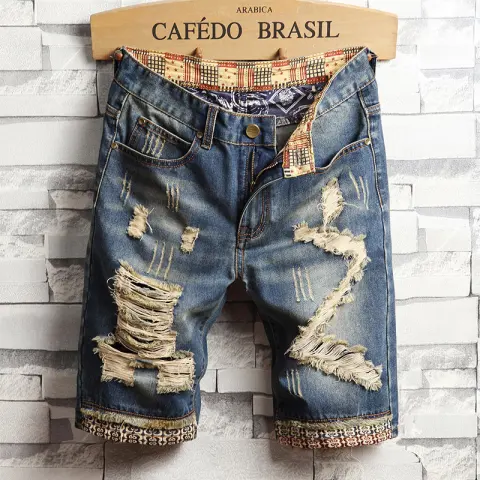 Trend Big Hole Jeans Short Pants Men's Summer Capris