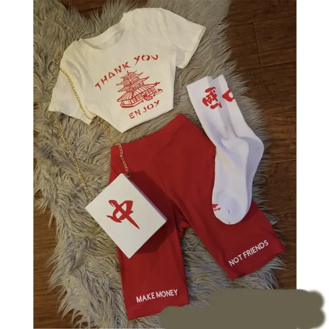 T shirt Short Round Neck Crop Top Red4Piece Set - Shop at LoveMi