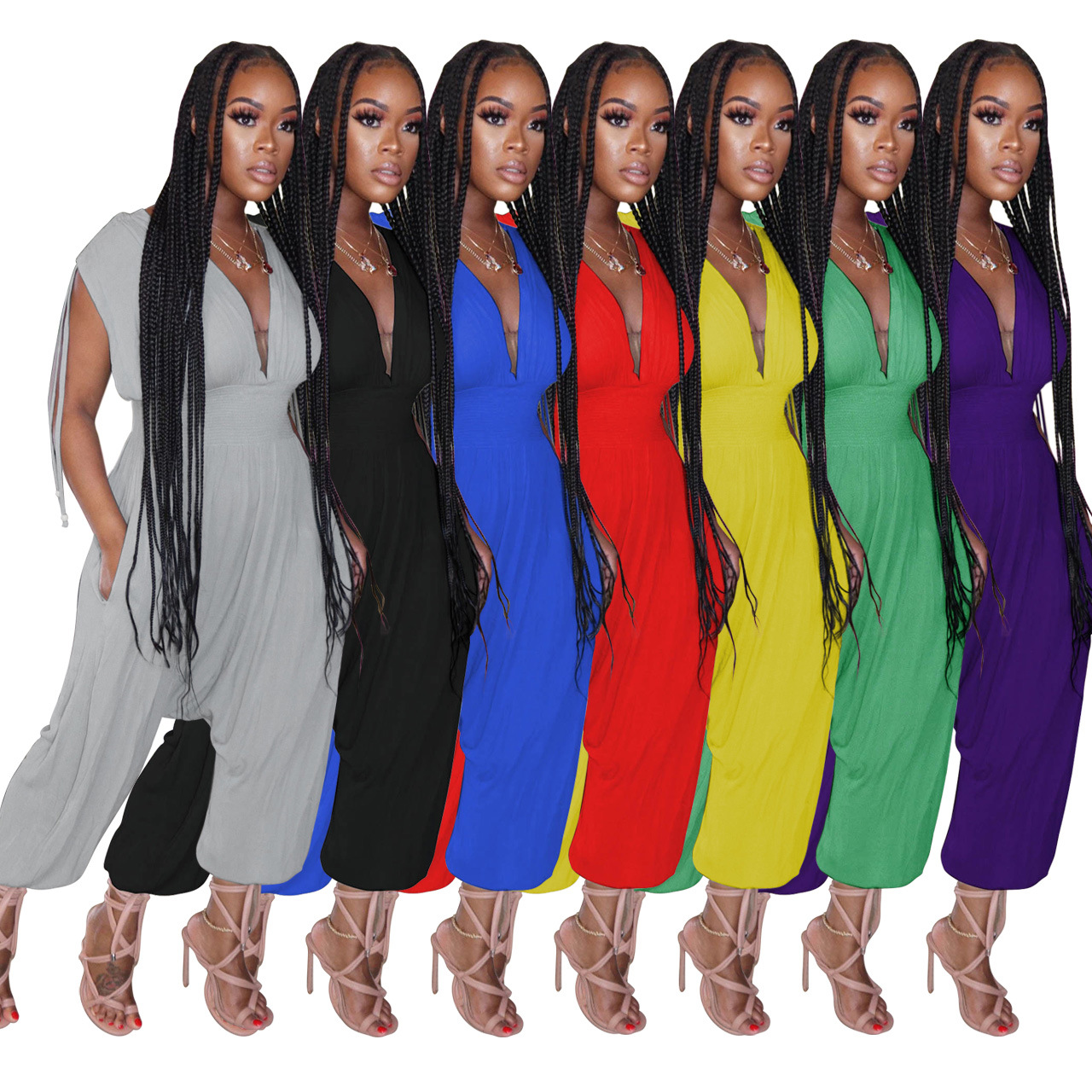 Women's Solid Color Waist Deep V Loose Jumpsuit