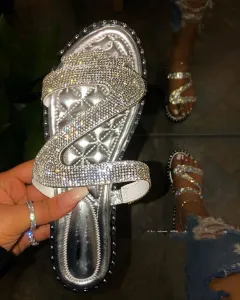 Flat Bottom Round Head Rhinestone Car Stitching Large Size Sandals And Slippers - Silver - View 1