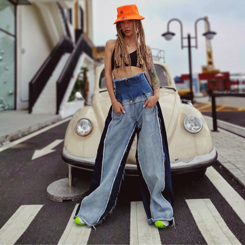 Jeans Women's Fall New High Waist Loose Thin Color Matching Trousers Flared Pants Mopping Pants Trend Blue - Shop at LoveMi