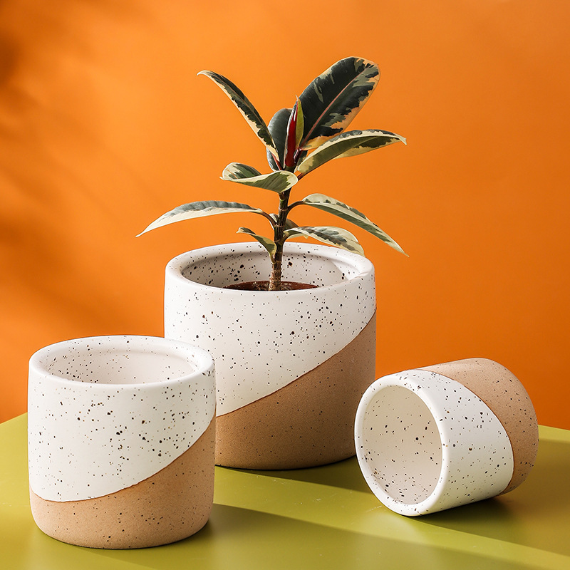 Set of three ceramic flower pots in varying sizes with monstera plant