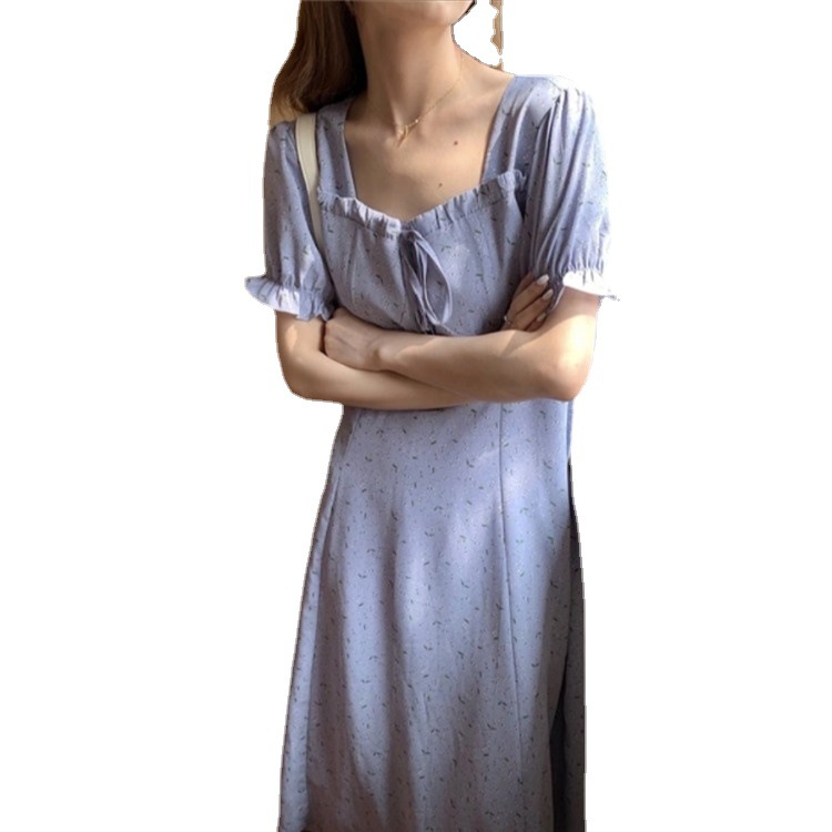 New Style Female Bellflower Skirt Retro French First Love Long Skirt Square Neck Puff Sleeve Purple Floral Dress