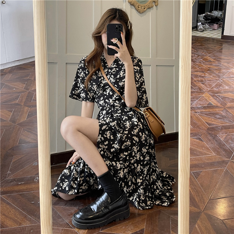 Summer Floral Dress Spring And Autumn Small Retro Design Sense V-neck Tie Dress Split Mid-length Skirt