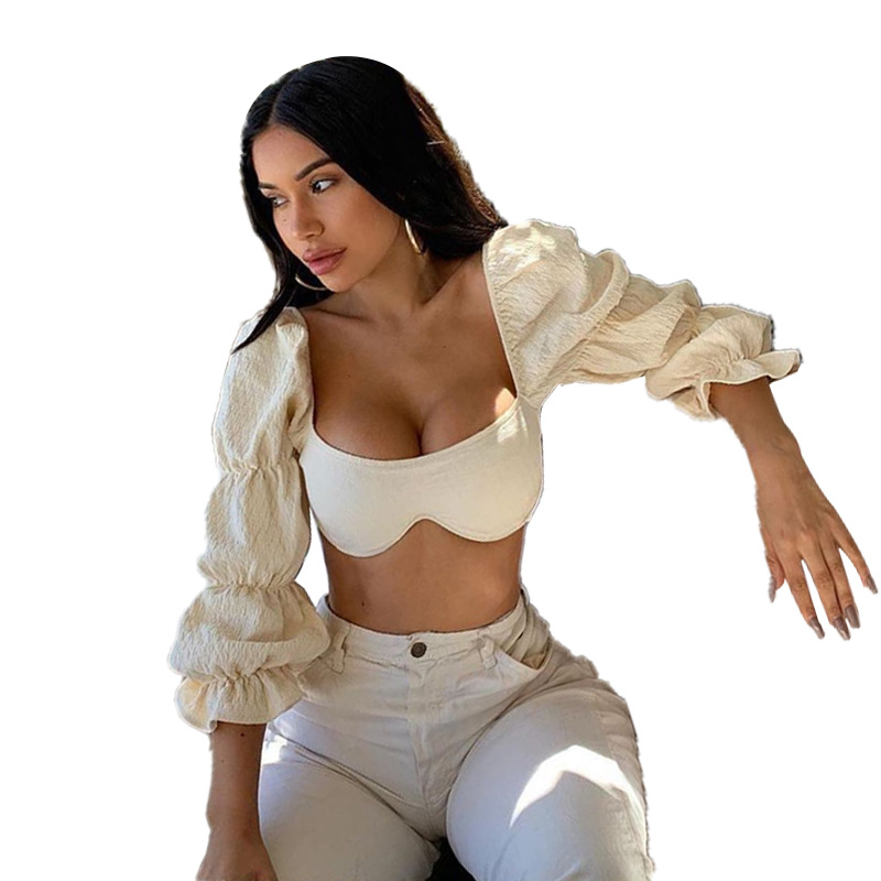 Square Neck Lantern Sleeve Tube Top Solid Color Wavy Pleated Top