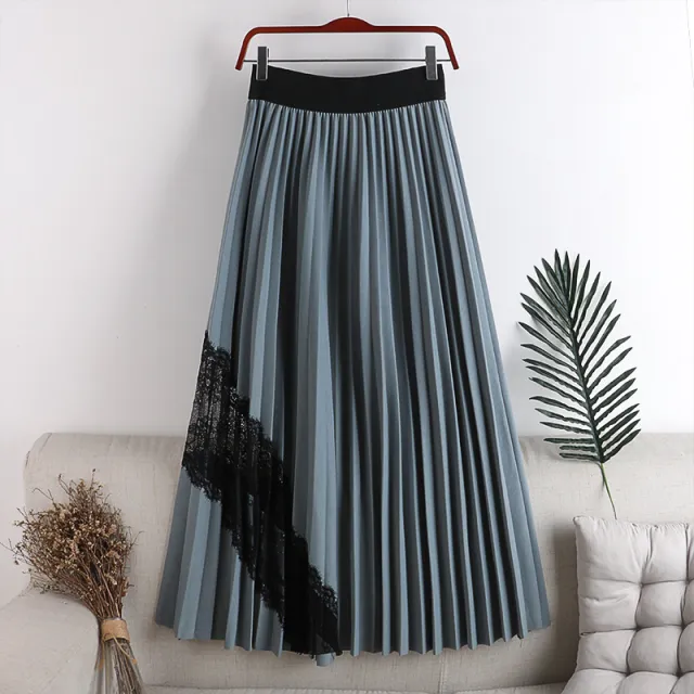Early Autumn New High waisted, Thin, Large length, Elastic Waist, Pleated Stitching, Lace, Mid length Skirt, Female Skirt Grey Blue - Shop at LoveMi