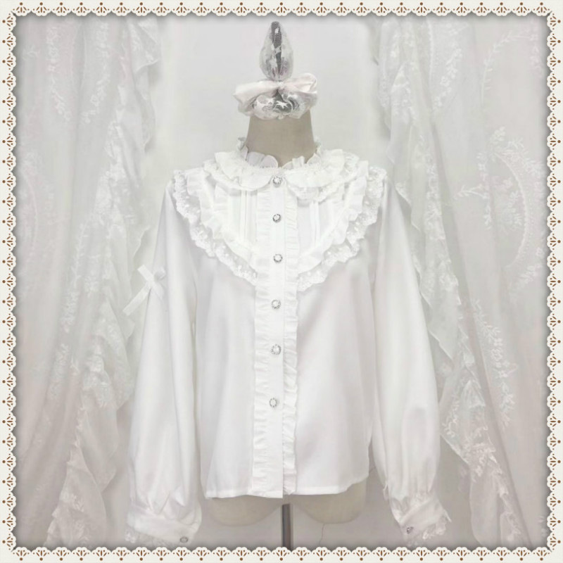 Women White Shirt Stand Collar Ruffles Femininos Blusas Cute Kawaii Sweet Lolita Girl Blouse