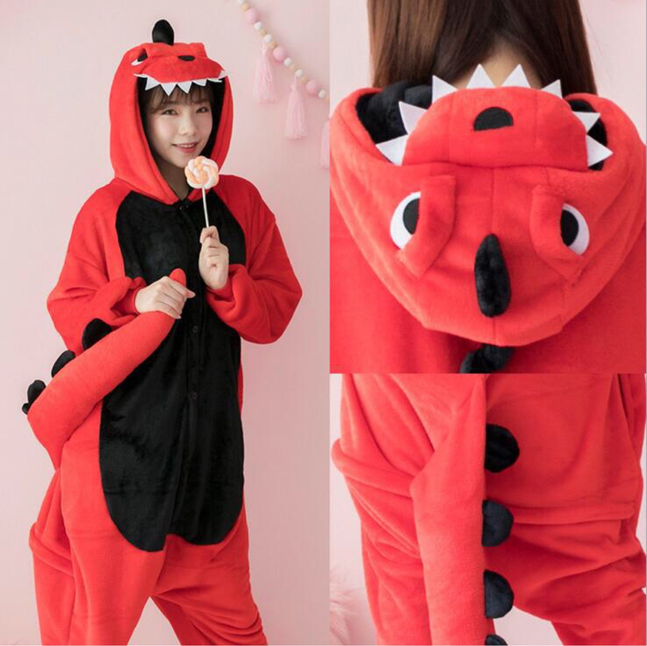 Title 5, Flannel Red Dinosaur Cartoon Siamese Animal Sle...