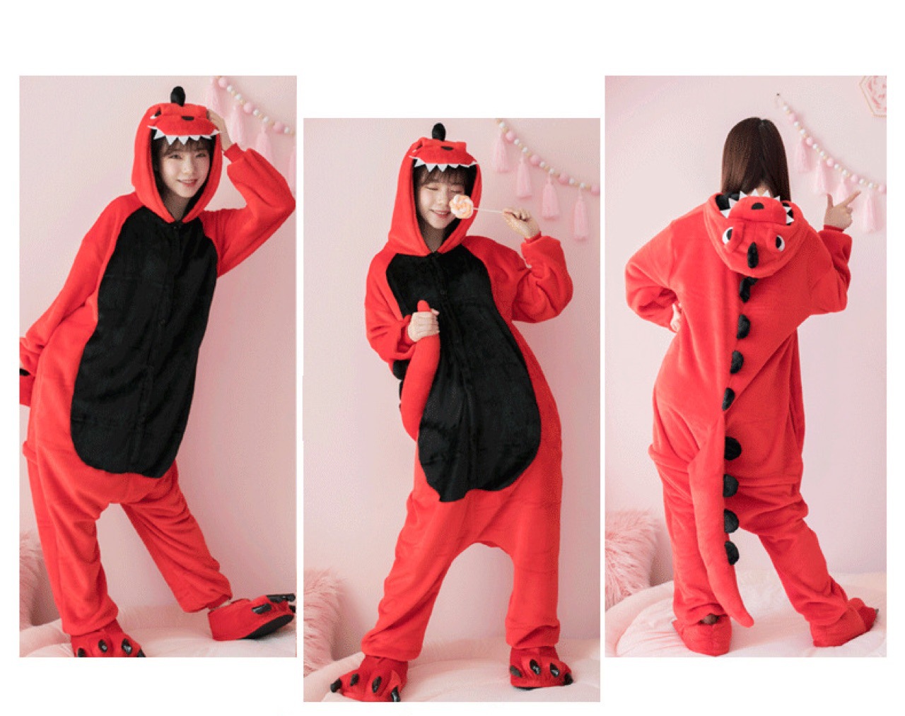 Title 2, Flannel Red Dinosaur Cartoon Siamese Animal Sle...